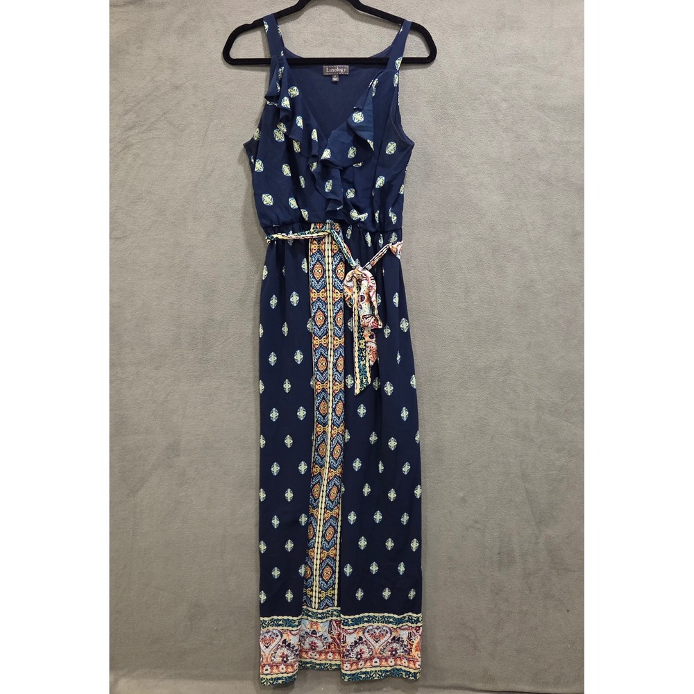 Luxology‎ Belted Maxi Dress Women Size 4 Sleeveless V Neck Ruffle Bohemian Beach